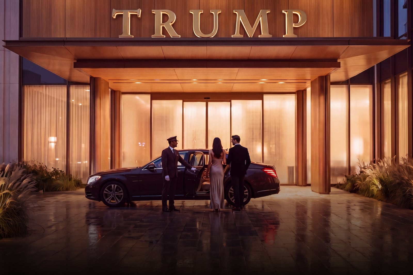 The residential arrival at night, the TRUMP name in gold above the porte-cochère, a doorman at the car.